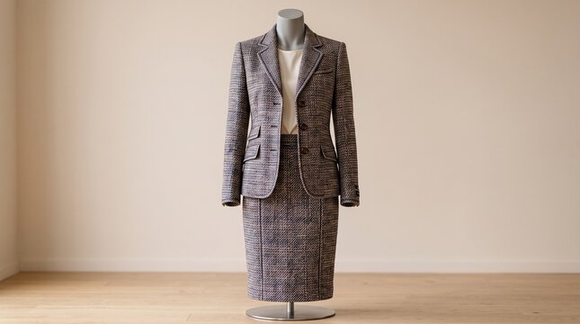 Professional woman in tweed suit posing for business portrait. Elegant female model wearing stylish plaid blazer and skirt set in studio.