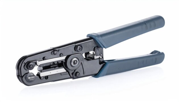 Network cable crimping tool with blue handles on white.
