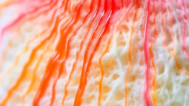 Colorful viscous droplets and glossy streaks spreading across soft pale fibrous surface in extreme macro view with rich texture, gentle contrast, delicate detail, and luminous pastel tones