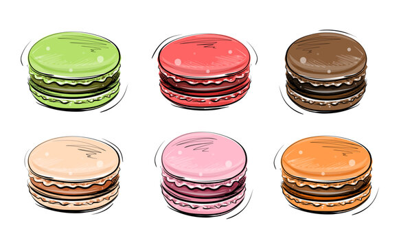 Set of colorful macaroons, vector graphics, sketched