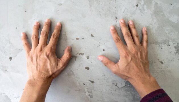 Pair of hands touching a textured gray concrete wall.
