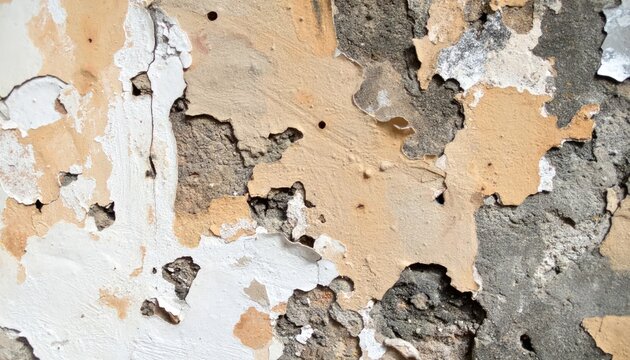 Peeling tan paint on a cracked concrete wall texture.