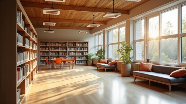 Biblioteca escolar vac&iacute;a con estanter&iacute;as contempor&aacute;neas