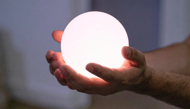 Person holding a glowing white light sphere in hands.