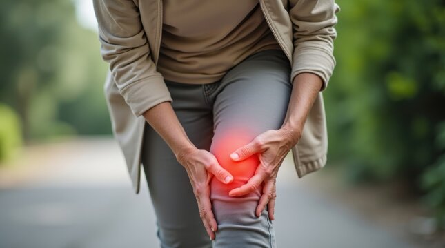 Mujer mayor caminando lentamente mientras se sujeta la rodilla dolorida, con expresi&oacute;n preocupada e indicador m&eacute;dico de color rojo