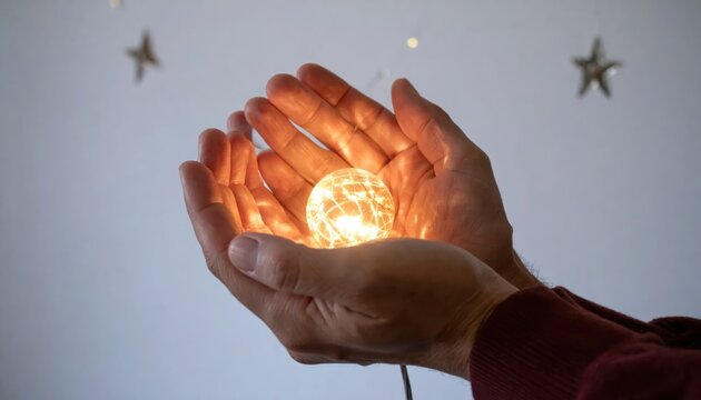 Person holding glowing light bulb in cupped hands.