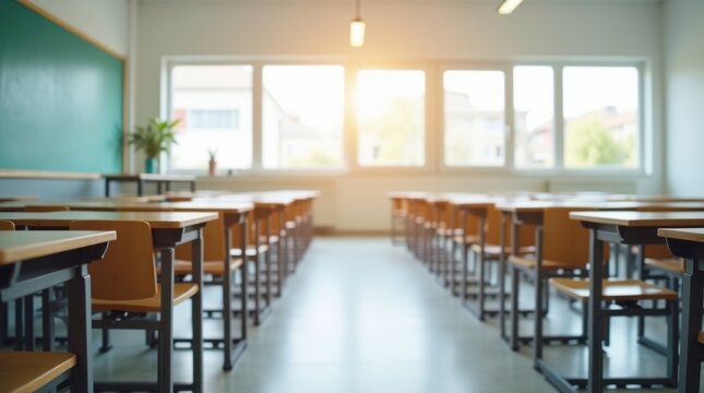 Aula vac&iacute;a preparada para ex&aacute;menes, con pupitres perfectamente alineados