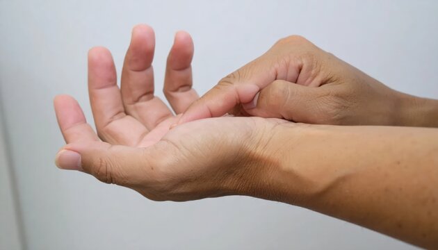 Person massaging palm of hand for pain relief.