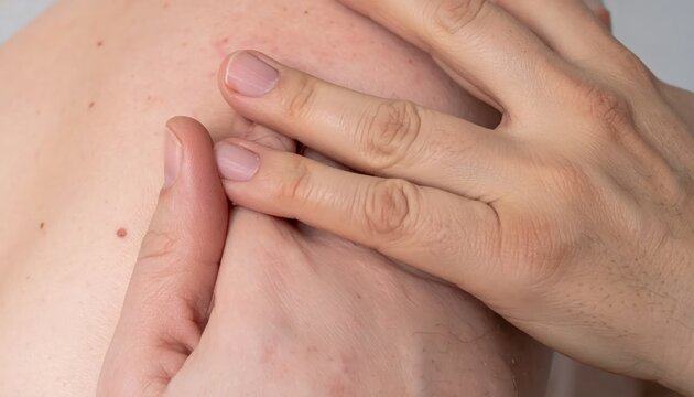 Person scratching itchy skin on hand.
