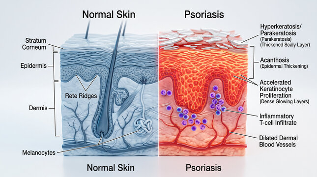 Medical cross section diagram comparing healthy normal skin structure with psoriasis plaque showing epidermal hyperplasia and dermal inflammation layers.