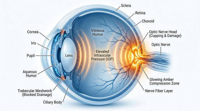 Anatomical cross section diagram of a human eye visualizing elevated intraocular pressure fluid flow causing optic nerve damage and glaucoma condition.