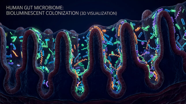 Detailed microscopic 3D visualization of gut microbiome bacteria colonizing the surface of intestinal villae lining structures inside the digestive tract.
