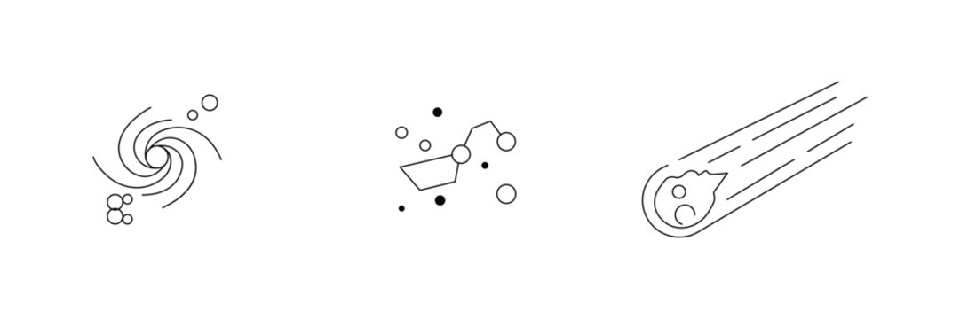 Cosmic galaxy constellation and meteor minimal line art icon vector illustration set for space design.
