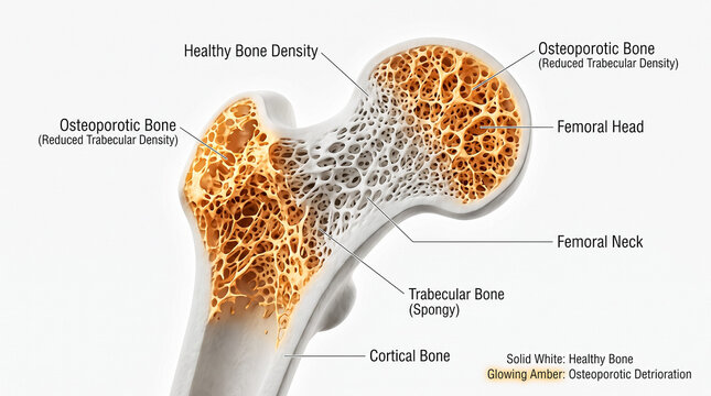 Anatomical model of a human femur hip joint section visualizing healthy bone density transitions into porous osteoporotic bone matrix structure.