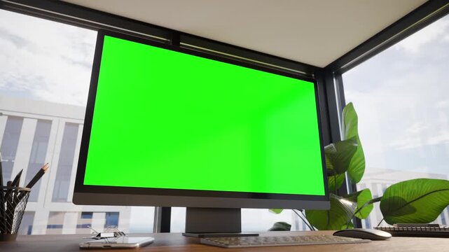 Computer PC Monitor Green Screen In Modern Executive High Office - Camera Orbit Dynamic Animation