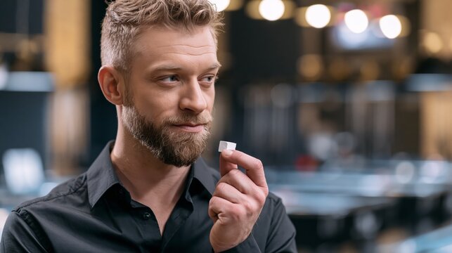 Competitive pool player holding a cue chalk cube at a billiard hall while thinking. Concept of quiz, consultation and trivia about pool billiards.
