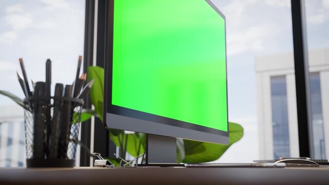 Computer PC Monitor Green Screen In Modern Executive High Office - Perspective View Close Up