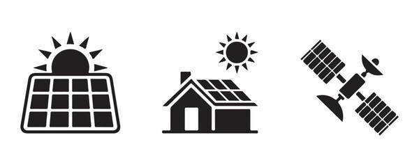 Solar energy panel icons showing sun over residential house and space satellite silhouettes. © Update