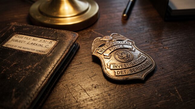 Metropolitan police detective sergeant badge resting on a dark wooden desk beside a vintage leather case file during a moody investigation under warm golden lamp light