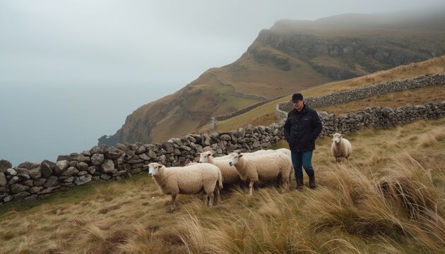 A dedicated shepherd walks alongside his small flock of white sheep on a grassy hillside bordered by a rustic stone wall under a misty overcast sky
