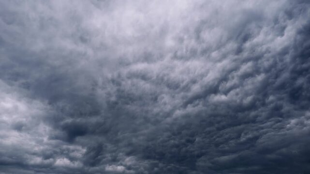 Timelapse records dark dramatic storm clouds swirling overhead with birds flying past. The textured grey cloudscape billows rapidly creating a threatening weather event.
