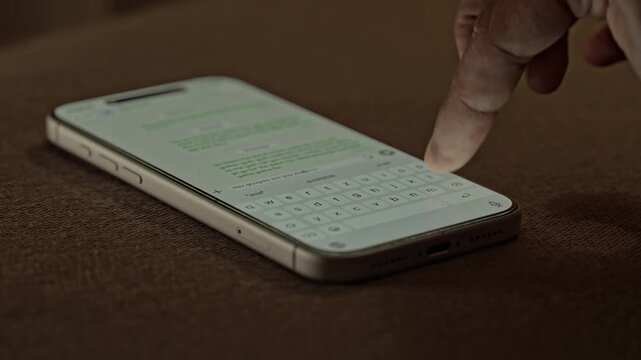 Man hands chatting and typing on smartphone macro closeup. Unrecognizable human typing text message tapping touchscreen keyboard using whatsapp application a social media