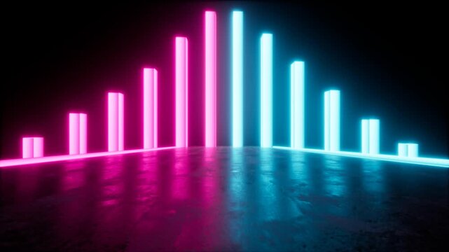 Neon equalizer corner with magenta and cyan vertical bars reflecting on glossy concrete floor, forming vivid futuristic light geometry with strong contrast, depth, and sleek nightclub mood