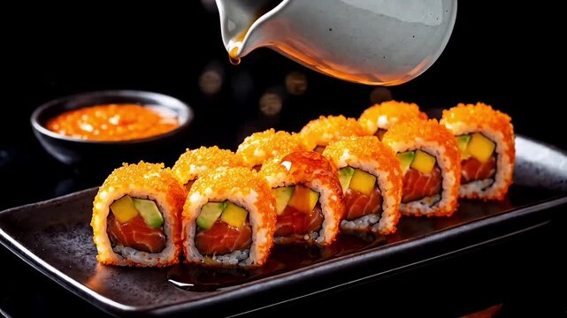 Soy sauce pouring over California sushi rolls with salmon, avocado, and mango on a dark background