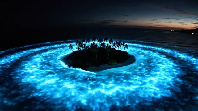 Bioluminescent ocean glowing around tropical island at night for nature and cinematic content