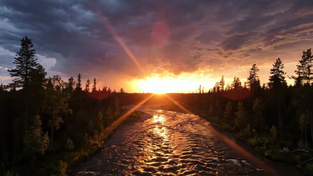 Golden sunset flowing over wild river through boreal forest for nature and travel content