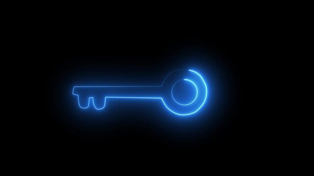 A glowing blue digital key icon made of particles against a dark, binary code background, symbolizing technology and security 4K video animation.