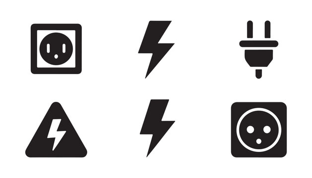 Set of electrical power outlet and lightning bolt symbol on transparent background vector illustration.