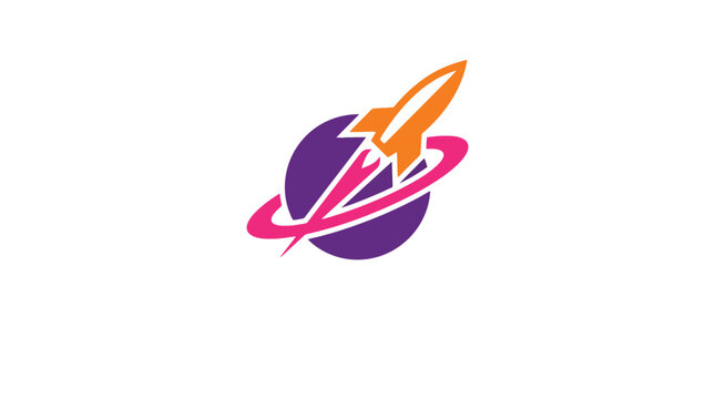 Colorful rocket launching from a stylized planet logo design.