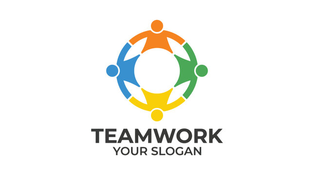 Colorful teamwork logo with interconnected human figures.