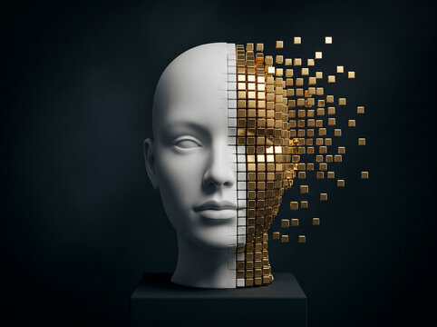 Conceptual 3D illustration of a white human android face exploding and pixelating into metallic golden cubes over a dark background. Artificial intelligence concept.