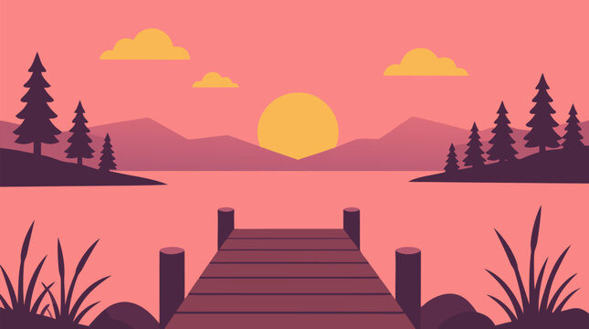 Serene wooden dock on tranquil lake at sunset, warm pink and gold sky, distant mountains, pine silhouettes and reeds, inviting vector landscape for cabin decor, travel, and relaxation themes