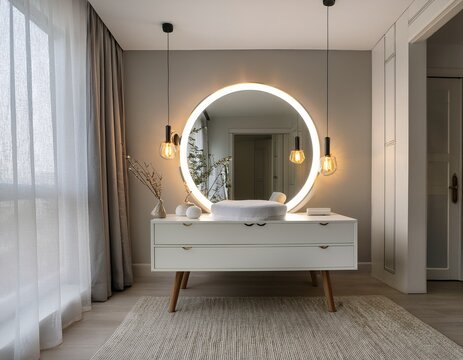 modern minimalist white dressing table with round led mirror in bedroom