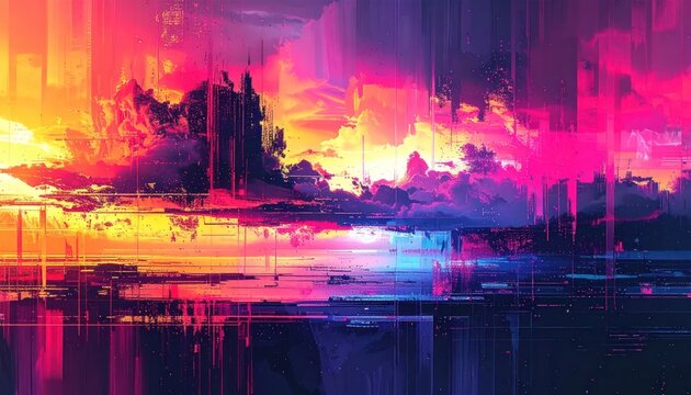 Colorful abstract sunset city skyline digital painting.