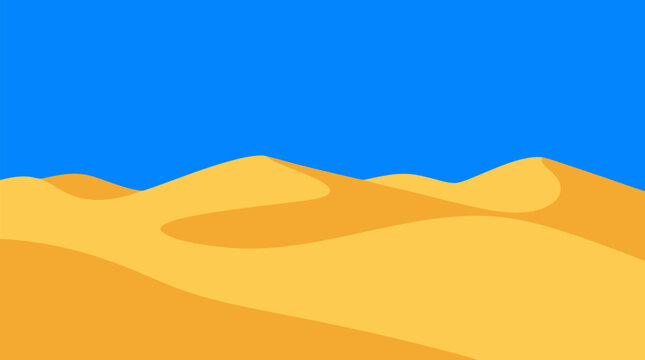 Vast desert rippled dunes vector illustration in pale golden sand under clear deep blue midday sky, minimalist arid landscape with rolling curves, heat, silence and remote wilderness travel mood