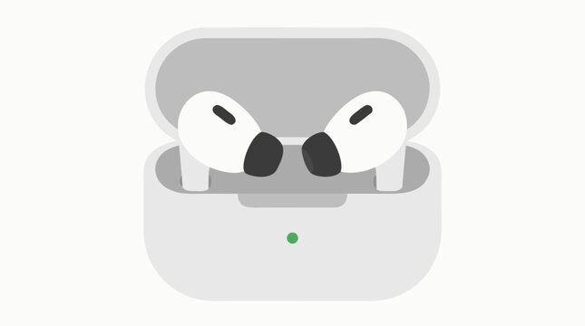 Wireless earbuds in open charging case vector illustration, minimal white and gray modern audio gadget with green indicator light for music, bluetooth tech, portable lifestyle design and ecommerce ads