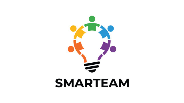 Colorful teamwork light bulb logo with diverse people icons.
