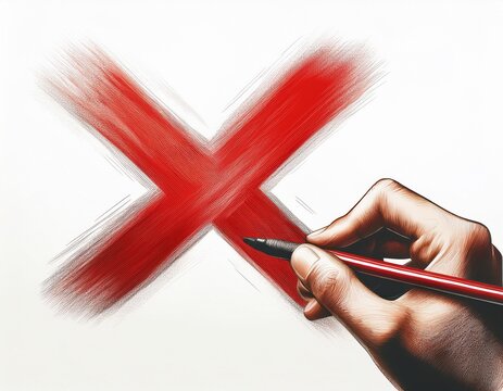 hand drawing red x mark indicating error cancellation rejection or incorrect choice on white background