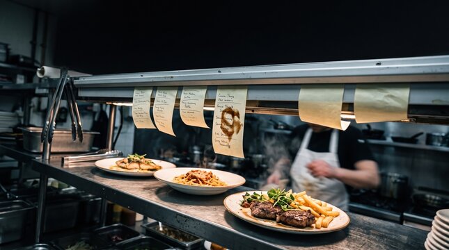 In a restaurant kitchen, staff members are preparing meals. Several plates of food sit on the counter. Orders are noted on papers hanging above the cooking area.