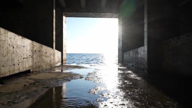 Concrete tunnel opening to ocean view with sunlight reflecting on wet floor for travel and architecture content