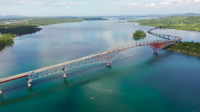 San Juanico Bridge: The Longest Bridge in the Philippines. Road bridge between the islands, top view. Summer and travel vacation concept.