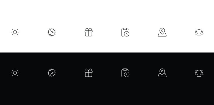 Set of modern flat design linear icons for web and mobile applications, representing diverse concepts like weather, technology, gifts, time, location, and justice, all on clean backgrounds.