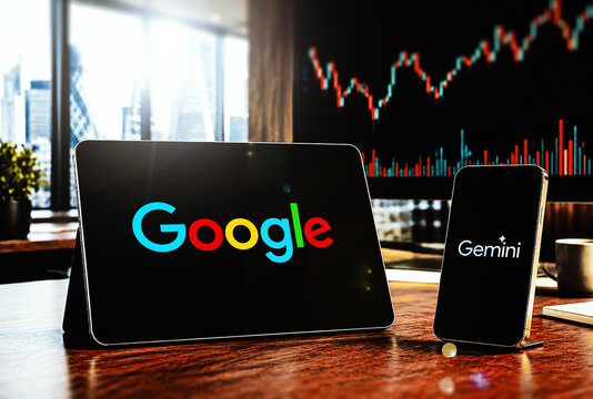 Google Gemini AI, Alphabet Inc, NASDAQ GOOGL GOOG, Artificial Intelligence Company Financial Stock Market Candlestick Charts, London, UK - July 2026