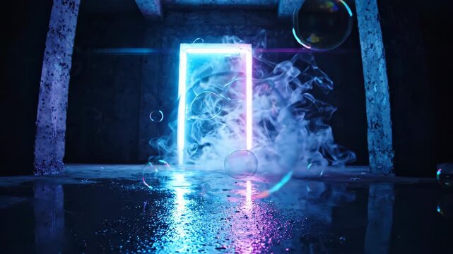 Neon glowing portal doorway with smoke and bubbles expanding in dark concrete room for mystery and sci-fi intro