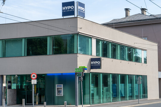 Modern Hypo Salzburg Bank Building with Glass Windows and ATM on the Street. Salzburg, Austria - June 22, 2026