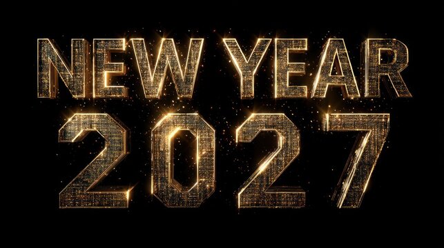 New year 2027 golden text black background festive lights